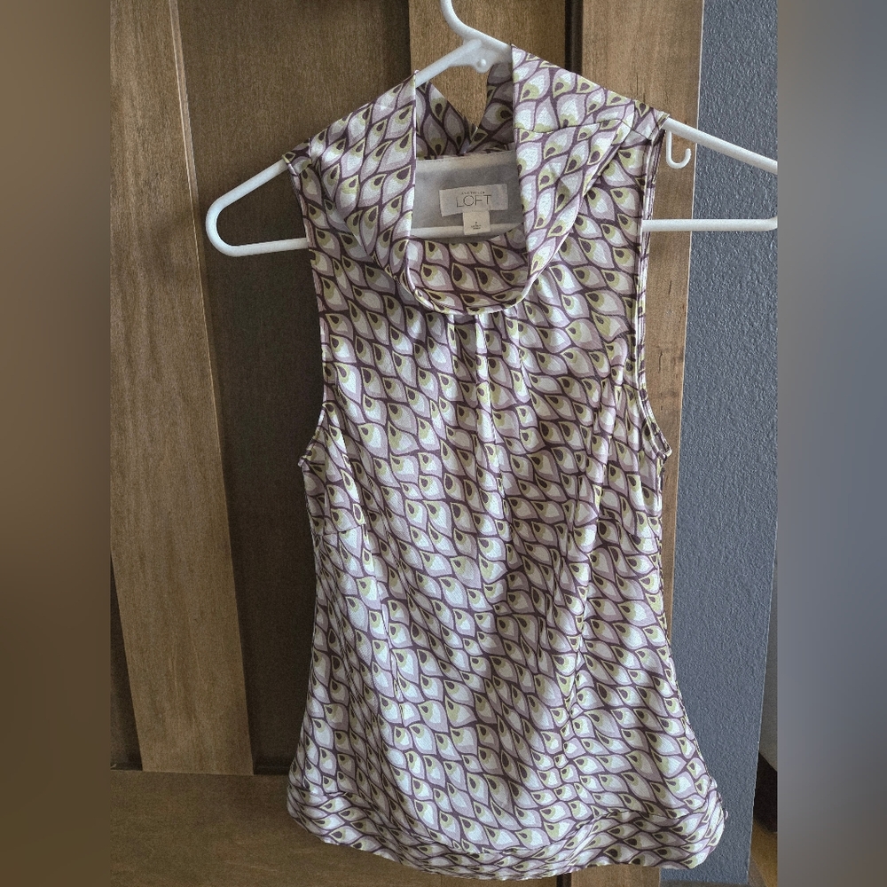 Ann Taylor LOFT 2 cowl neck sleeveless blouse Peacock Pattern Abstract EUC 70s